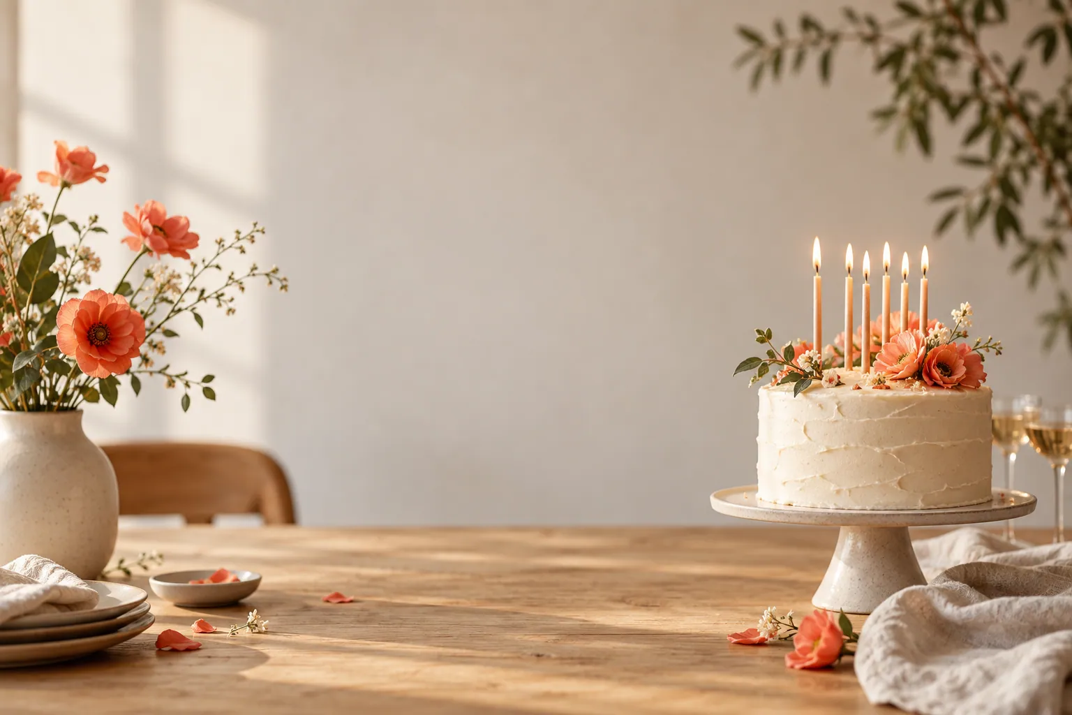 Kake med lys og blomster på et bord